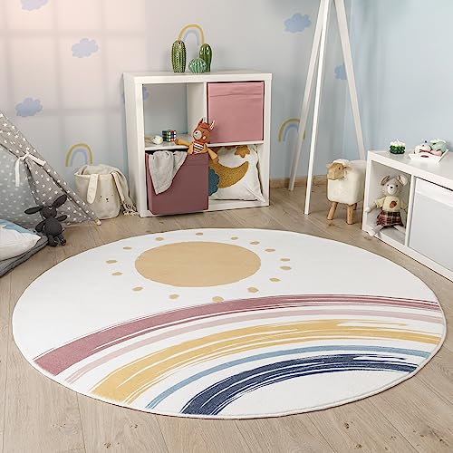 Paco Home Kinderteppich Teppich Kinderzimmer Rund Spielmatte Babymatte Waschbar Bis 30 Grad Sonne Regenbogen Schriftzug Motiv, Grösse:Ø 100 cm Rund, Farbe:Weiß