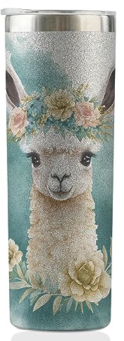Onebttl Llama Gifts for Women, Llama Tumbler for Women, 20oz Stainless Steel Skinny Tumbler with Lid and Straw, Glitter Silver
