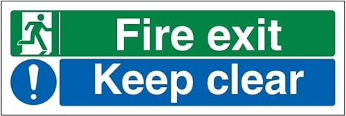 VSafety Fire Exit/Keep Clear Sign - Landscape - 450mm x 150mm - Self Adhesive Vinyl (Pack of 5)