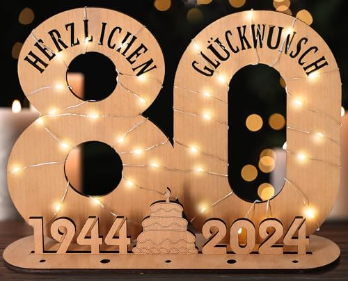 Giftota - 2024 Originelle 80 Geburtstag Geschenk Frauen & Männer - Geldgeschenke Geburtstag 80 mit LED Lichterkette Ständer - Holz-Schild Gästebuch - 80 Geburtstag Deko - Personalisierbares Geschenk
