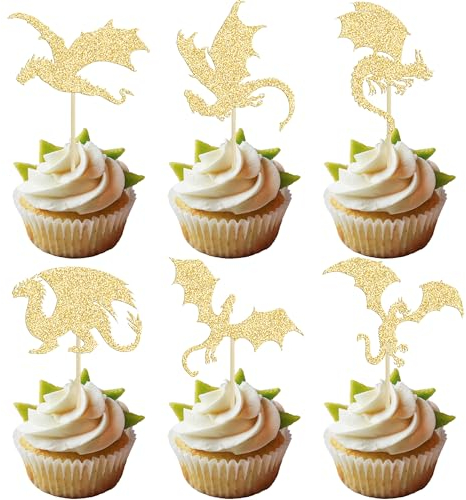 24Pcs Dragon Cupcake Toppers Glitter Fantasy Cool Dinosaur Birthday Cupcake Picks for Medieval Dragon Theme Baby Shower Kids Birthday Party Cake Decorations Supplies Gold