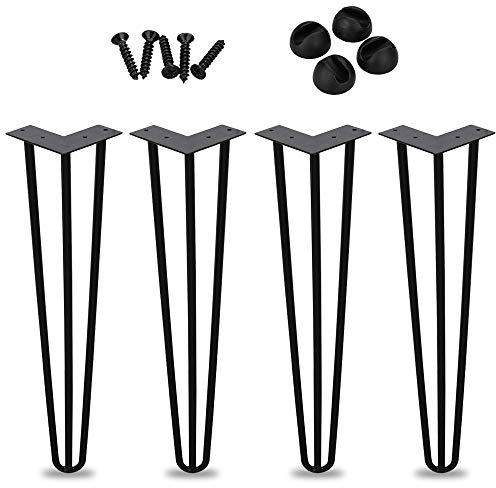 SWANEW Lot de 4 pieds de table en métal noir avec pieds à 3 barres - Pour bureau, table et table basse - Pieds de table en épingle à cheveux avec protections de sol et vis (30 cm)