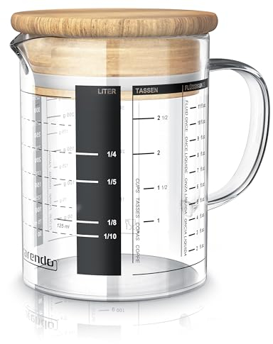 Arendo - 350ml Glasbehälter - 0,350 Liter Messbecher aus Glas – Borosilikatglas – präzise Skala – hitzebeständig – Mikrowellen geeignet – Glasbehälter mit Bambusdeckel - Silikondichtung