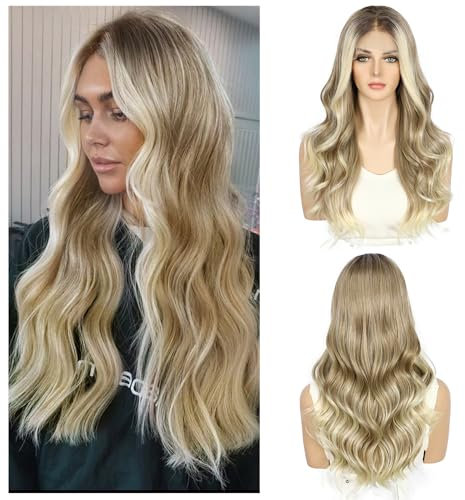 Sapphirewigs Blonde Perücke Lace Front 13x4 Synthetische Perücken Körper Welle Ombre Blonde Lace Front Haare Vorgezupft Tägliche Wear Party Date Weihnachten 22 inch
