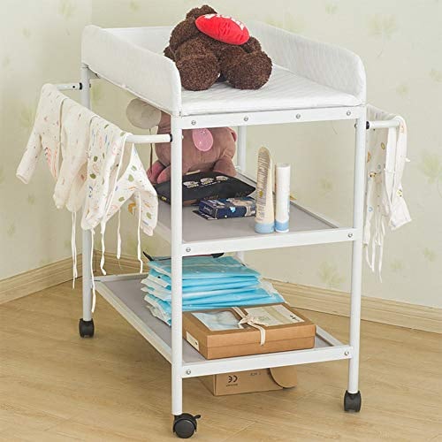 OHMG Baby Wickelkombi Klappbare Wickelkommode,Wickeltisch mit Rollen,Mobiler Wickeltisch mit Wickelauflage,Sicherheitsgurt und Ablagefächern,Wasserdicht und Höhenverstellbar,Stabil