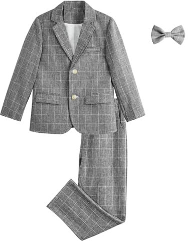 LOLANTA 3-teiliges Jungen Plaid Anzug Set, Eleganter Blazer für Hochzeits-Abschlussball, Formelle Kleidung Jacken-Hose-Fliege Set(Dunkelgrau,9-10 Jahre,Tag 140)