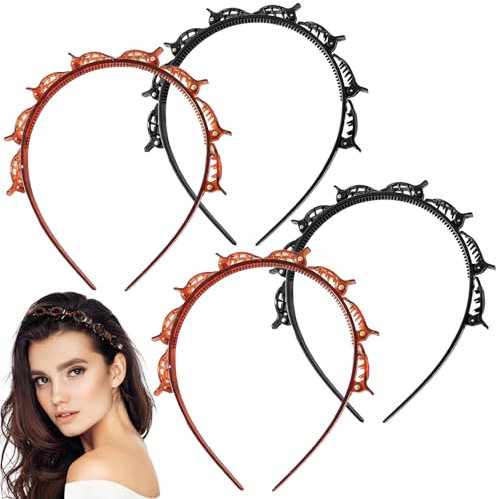 4 Stück Haarreif mit Klammern Headband With Clips Hairpin Headband geflochtene Hair Clip Haarspangen Haarreifen Damen mit Klammern elegantes Stirnband für Frauen und Mädchen Rot und Schwarz