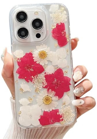 Rokmym Case Compatible with iPhone 13, Transparent Star Glitter Real Dried Flowers Aesthetic Protective Shockproof Silicone TPU Bumper Girl Cover, Dried Flower 9