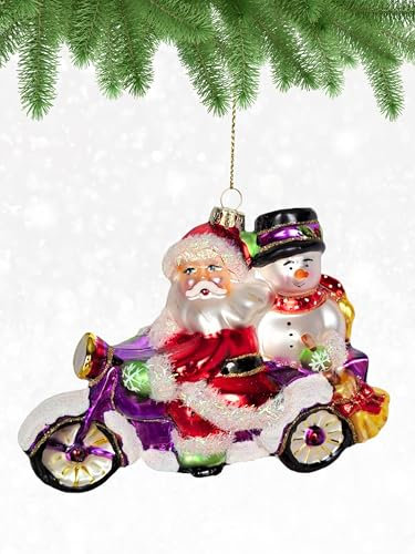 Cobane Weihnachtsmann und frostiges Motorrad, geblasenes Glas, Weihnachtsschmuck – Glasornamente für Weihnachtsbaum und saisonale Dekoration