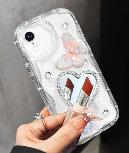 Toycamp for iPhone Xr Case Cute - Women Girly Girls Glitter Phone Cover Xr Kawaii Sparkle Bling Shine Aesthetic Pretty Unique Wave Design Funda for Apple Xr, Mirro Heart