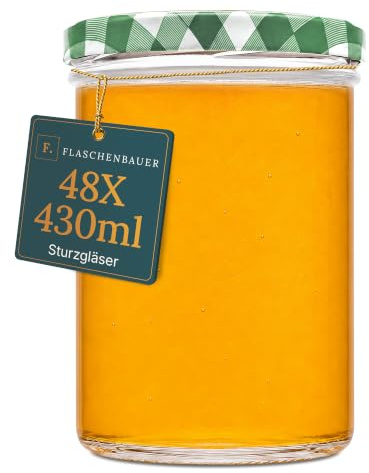 Flaschenbauer - Sturzgläser 430ml 48er Set - Einmachgläser mit Deckel TO82, Schraubgläser, Marmeladengläser, Einkochgläser zur Aufbewahrung, mit Twist-Off-Deckel - Made in Germany (Deckel Grün)