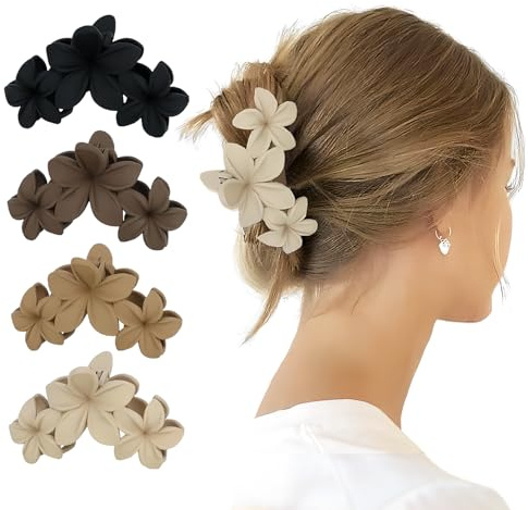Flower Hair Clip, 4 Pieces Matte Hair Clips for Women, Cute Hawaiian Flower Clips, Large Hair Clips with Strong Hold, Perfect for Thick and Thin Hair, Hair Accessories for Women