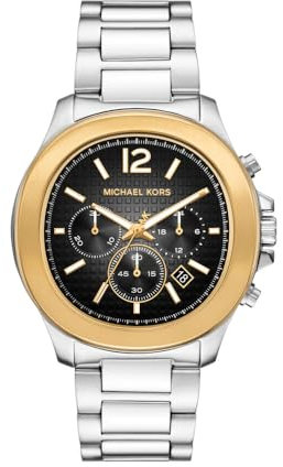 Michael Kors Montre Sage pour Homme, 44mm Mouvement chronographe à Quartz avec Bracelet en Acier Inoxydable, Argenté et Noir, 44 mm
