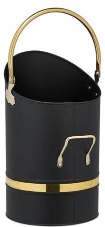 Relaxdays Kohlenschütte, 12l, Eisen, Kohleeimer mit Griff & Henkel, Kohlekorb zum Nachfüllen, Kamin, Grill, schwarz/gold