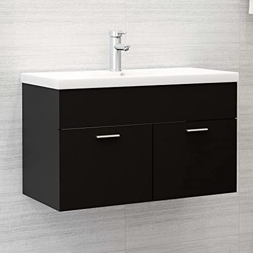 puraday 80 x 38,5 x 46 cm - Noir - Meuble sous-lavabo encastrable - Meuble sous-lavabo à suspendre - Avec meuble bas
