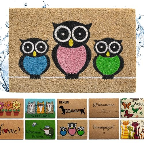 Bodenständig® Fußmatte Kokos [Wetterfest] - extrem robust - Fußabtreter außen - die Kokosmatte Fußmatte außen wetterfest. Fussmatte aussen 40x60 cm - Eulen Design