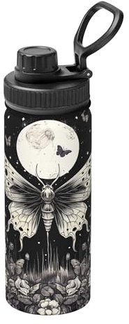 Skull Butterfly Gothic Stainless Steel Vacuum Insulated Water Bottle 18oz/530ml, Halloween Leakproof Flask with Carry Handle Thermal Mug for Sport School Travel Gym Commuting