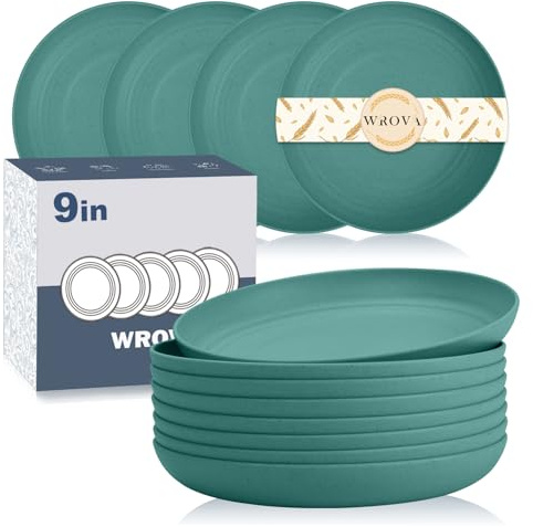 Wrova Plastic Deep Plates - 9 Inch Unbreakable Dinner Plate Set of 8 - Dishwasher & Microwave Safe Plastic Plates Reusable - Lightweight Plate for Kitchen, Camping, RV - DarkGreen