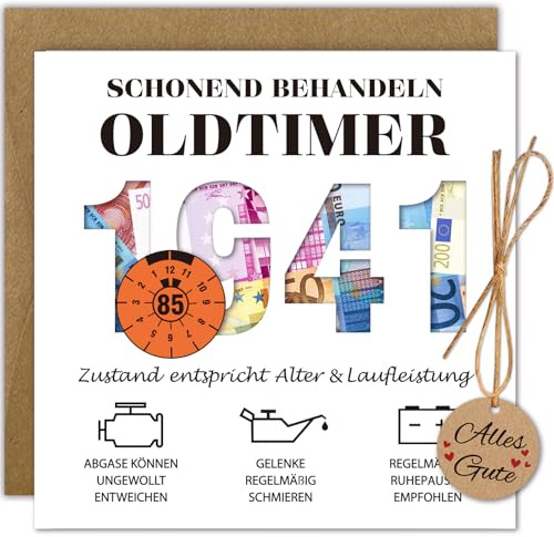WenmthG Geldgeschenke Geburtstag 85 mit Umschlag, Karte 85 Geburtstag Mann - Lustig Geschenke zum 85 Geburtstag Mann - Schonend Behandeln 1941 Oldtimer