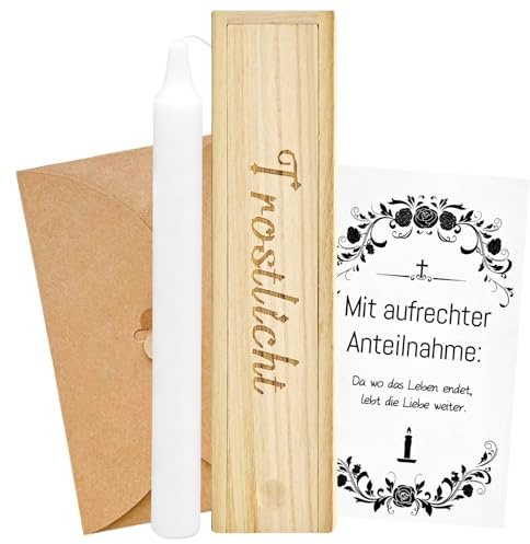 Trostlicht-Trauerkerzen,Stabkerze mit Spruch,Trauerkerze,kerze trauer | Beerdigung/Trauergeschenk, Inkl. Karte und Umschlag,Holzbox mit der Gravur “Trostlicht“