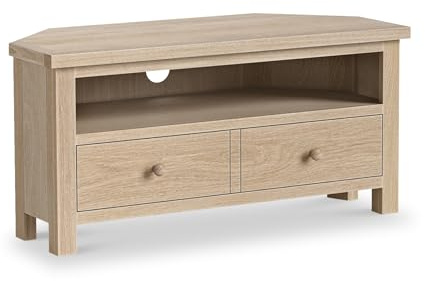 RoselandFurniture Trelan Washed Oak Corner TV Unit | Fully Assembled Corner TV Stand, Country Rustic 100cm Wooden Media Unit with Drawer and Open Shelf Suits 40 Televisions