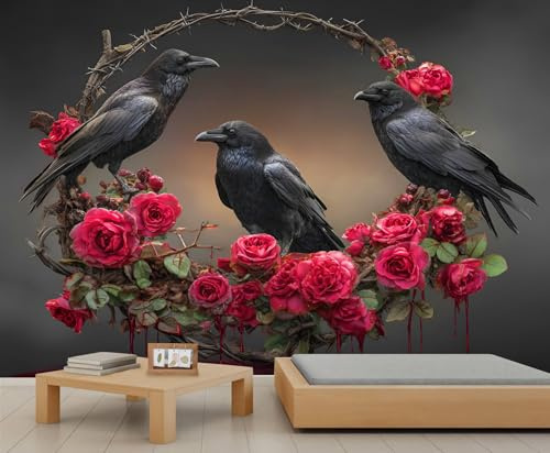 Gothic Crow with Roses Murals, Crow Rose Floral Art Deco Wallpaper, Flower Raven Wallpaper Bedroom for Bedroom Living Room 250 X 175 cm