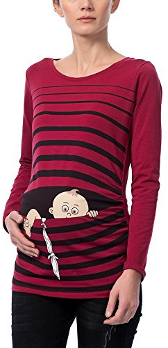 M.M.C. Umstandsshirt Langarm Damen mit Baby-Flucht-Motiv – Umstandsmode T-Shirt für die Schwangerschaft, mitwachsende Raffung, 95% Baumwolle, S bis XL