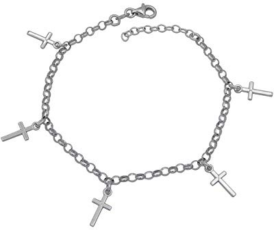 Kauf-mich-weg Damen Armband Kreuze 925 Sterling Silber rhodiniert Länge 18-20cm Ankerkette Charm Silberarmband Armkette Armkettchen Kreuz