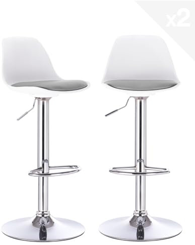 KAYELLES Lot de 2 tabourets de Bar Design Coussin Simili Cuir rembourré, Repose Pieds, réglable en Hauteur et pivotant 360° Pied Chrome SIG (Blanc - Gris)