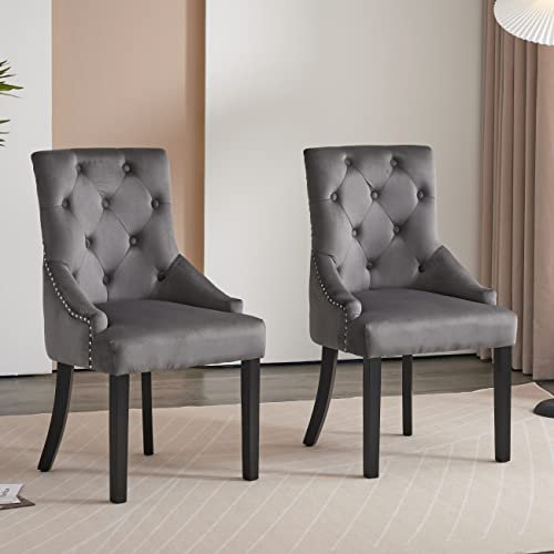 BOJU Set of 2 Velvet Dining Room Chairs with Knocker Ring, Kitchen Armchairs Tufted Fabric Studded Upholstered with Armrest for Accent Restaurant Bedroom Living Room (Grey Set of 2)