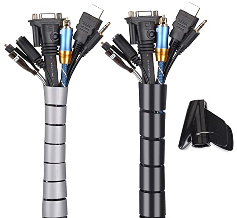 MOSOTECH Organizador Cubre Cables de 2 x 1.5m, Funda Flexible para Mesa, Office y PC Escritorio-Negro y Gris (Ø2.6cm y Ø2.2cm)