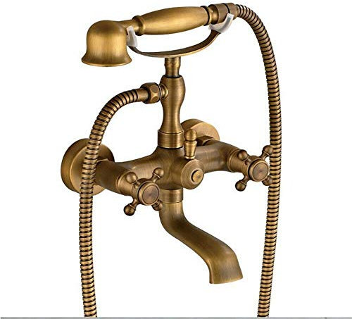 SHIOUCY Support Mural Deux poignées Robinet de la Baignoire avec Douche à Main Fini Laiton Antique robinets Robinet Support Mural