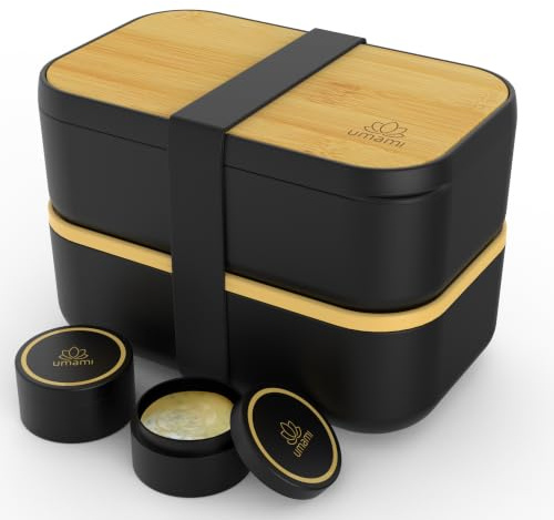 Umami All-in-1 2L Bento Lunchbox Erwachsene mit Besteck & 2 Saucenbehältern, Auslaufsicher Brotdose Erwachsene, Inkl. Zubehör Brotdose mit Fächern für Meal Prep, Mitternacht-schwarz & Tan, 2000 ml
