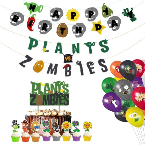 TGE-V Plant Versus Zombeis Party Banner, Cake Topper, Cupcake Topper, Cup Cake Wrappers, Zombies Banner, Welcome Hanger Door Sign,PVSZ Birthday Party Supplies Decorations, Kids Room Decor;146PCS