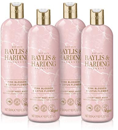 Baylis & Harding Elements Pink Blossom & Lotus Flower Luxury Body Wash, 500 ml (Pack of 4) - Vegan Friendly