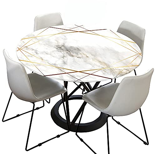Morbuy Tischdecke Elastisch, 3D Marmor Drucken Rund Tischdecken Wasserdicht Lotuseffekt Abwaschbar Abwischbar Tischtuch für Dekoration Küchentisch Garten Outdoor (120cm,Weißes Gold)