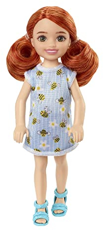 Barbie Mattel Club Chelsea Mini Girl Doll - Red Hair Wearing Bumblebee and Flower-Print Dress and Blue Sandals (HGT04)