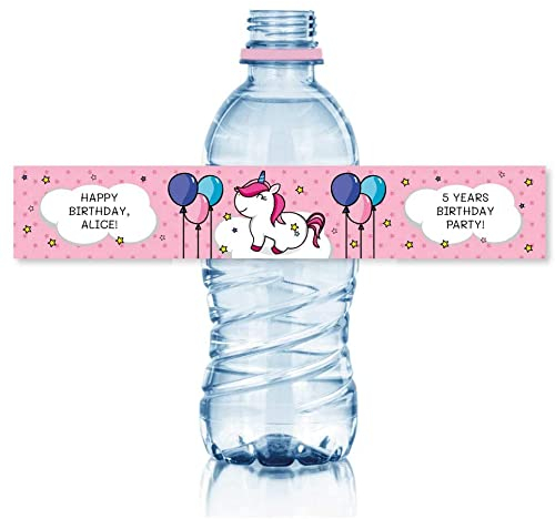 15 Pegatinas para botellas personalizadas para fiestas y cumpleaños. Etiquetas adhesivas con nombre para pegar en botellas de agua de 33 cl. Resistentes al agua, nevera y lavavajillas (Unicornios)