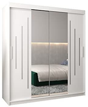 E- MEUBLES Armoire de Chambre avec 2 Portes coulissantes et Miroir Style Contemporain Penderie (Tringle) avec étagères (LxHxP): 180cmx200cmx62cm Maltese 1 (Blanc)