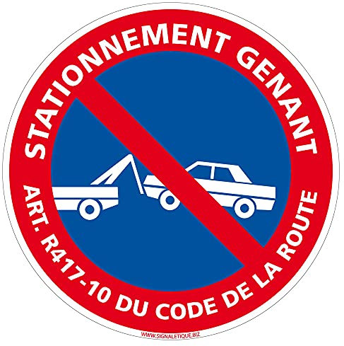 Signalétique.biz France Panneau Stationnement Gênant Art. R37-1 du Code de la Route. Autocollant Stationnement Interdit, Panneaux PVC ou Alu - Diamètre 125 mm - Adhésif
