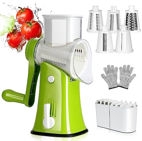 Midyb Cheese Grater Rotary, Cheese Grater with Drum Blades, Round Cheese Shredder Grater with Strong Suction, Handheld Mandoline Slicer for Cucumber Carrot, Green, Send Cut Proof Gloves