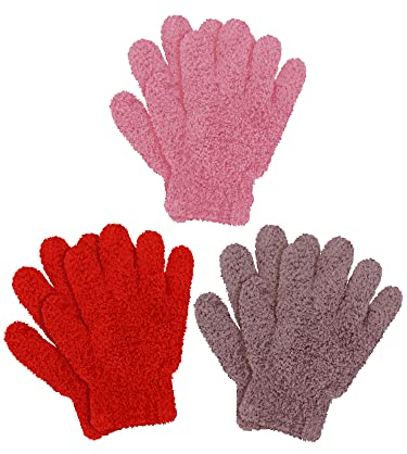 Geyoga 3 Paar Kinder Strickhandschuhe Winter Warme Vollfinger Handschuhe (Hellrosa, Rot, Khaki, M)