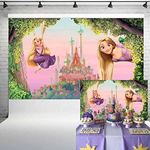 Prinzessin Rapunzel Geburtstagsparty Hintergrund Dekorationen verwickelter Schloss Baum Hintergrund Märchen-Thema Kuchen Tisch Banner 1,5 x 0,9 m 96