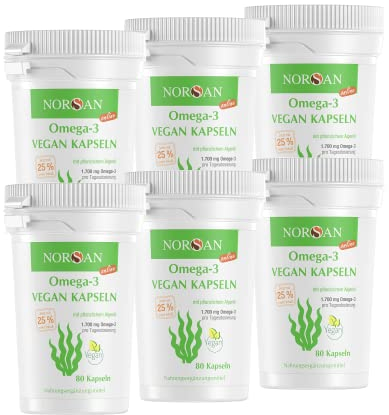 NORSAN Premium Omega 3 Vegan Kapseln 6er Pack (6x 80 Stück) - 1.700mg Omega 3 pro Tagesdosis - vegane Algenöl Kapseln mit hohem EPA- & DHA-Anteil - Algenöl aus nachhaltigem Anbau