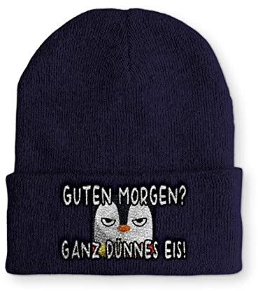 tshirtladen Guten Morgen? Ganz dünnes Eis! Statement Beanie Mütze mit Spruch Pinguin, Farbe: Navy
