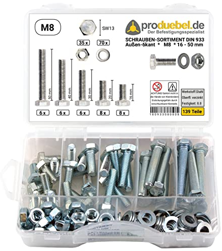 Basis Schrauben-Sortiment DIN 933 Stahl verzinkt 8.8 inkl. Mutter & Scheibe (DIN933+934+125) (M8 139 Teile)