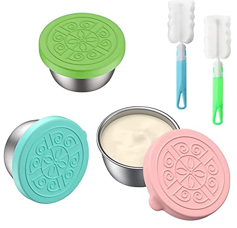 CHEVVY Set de 3 Recipientes de Acero Inoxidable 50ML Mini Recipiente para Salsa A prueba de Fugas Recipientes con Tapa de Silicona para ketchup con 2 Cepillos (Azul Verde Rosa)