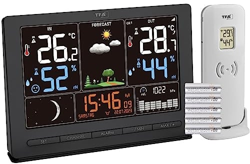 TFA Dostmann Funk-Wetterstation Season 2, 35.1118, mit Außensender, Wettervorhersage, Farbdisplay, Temperatur und Luftfeuchtigkeit, inkl Funkuhr mit Mondphase, schwarz, mit Batterien