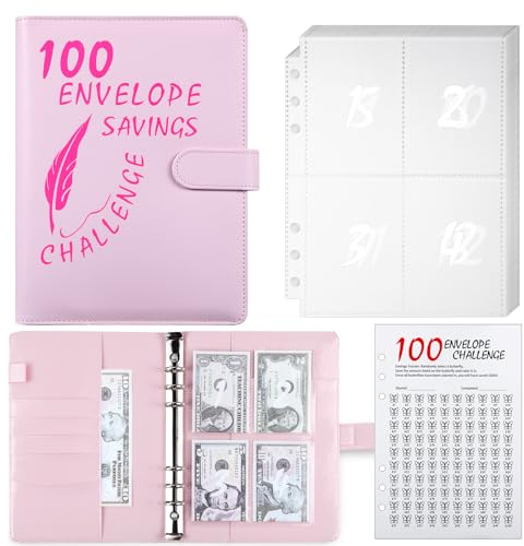 MUQING 100 Briefumschläge, 25 Blatt, Siebdrucknummern bis 100, wiederverwendbarer Tracker, Budgetplaner & Geld sparen, Rosa