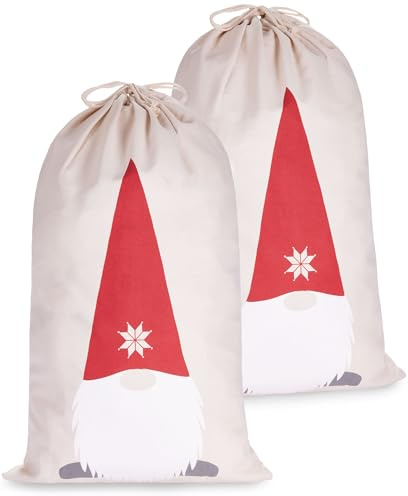 BRUBAKER Weihnachtssack Gnom Zwerg - 80 cm Geschenksack Weihnachten - Nikolaussack Sack Baumwolle mit Kordel zum Verpacken von Geschenken - Weihnachtszwerg mit Bart - 2 Stück